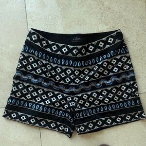 White House Black Market Black Embroidered Geometric Shorts with Blue Accents